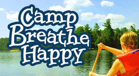 A picture of the lake with words camp breathe happy.