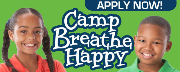A green banner with the words " camp breathe happy ".