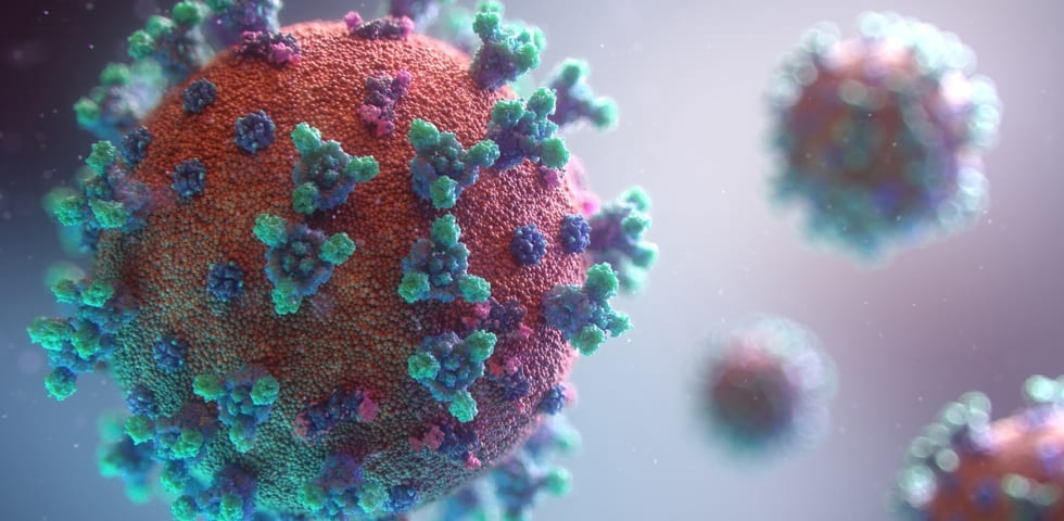 A close up of the surface of an influenza virus.