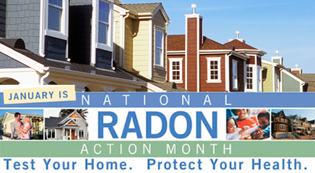 A picture of some houses with the words national radon action month.